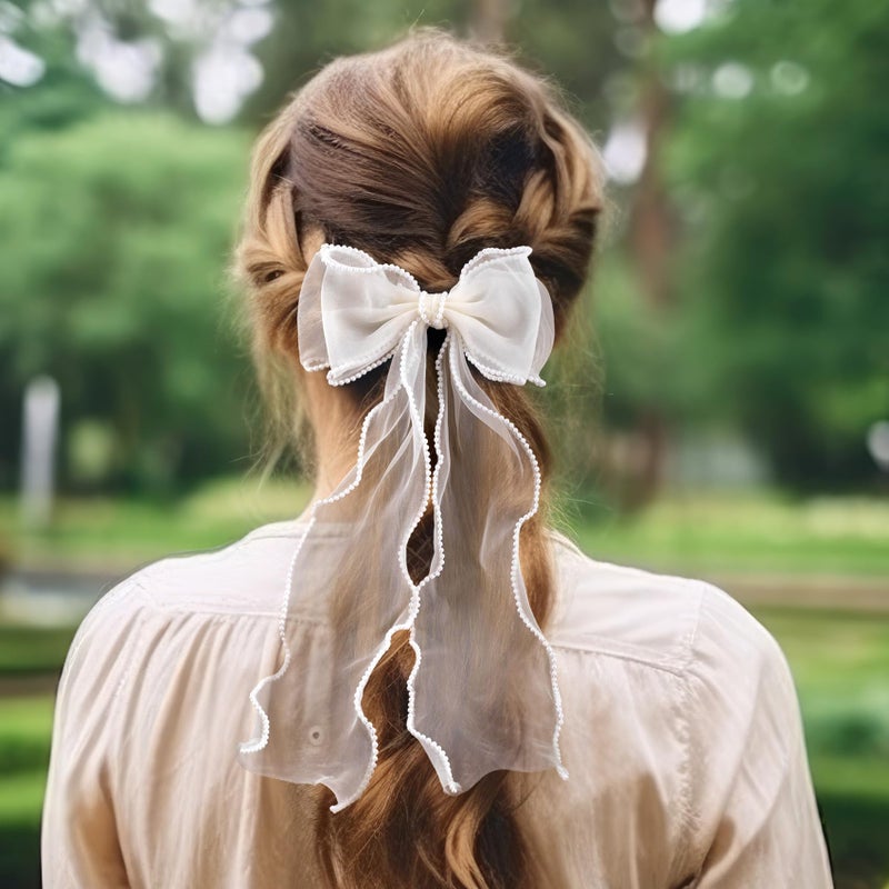 STSTR 2pcs Hair Bow Clips for Women, Silk Yarn Pearl Long Tail Bow Barrette, Elegant French Bowknot Hair Accessories for Parties, Weddings, Festivals (White) - Image 3